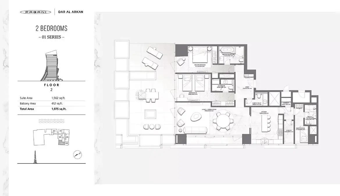 Планировка — 2-спальная, 183 м²