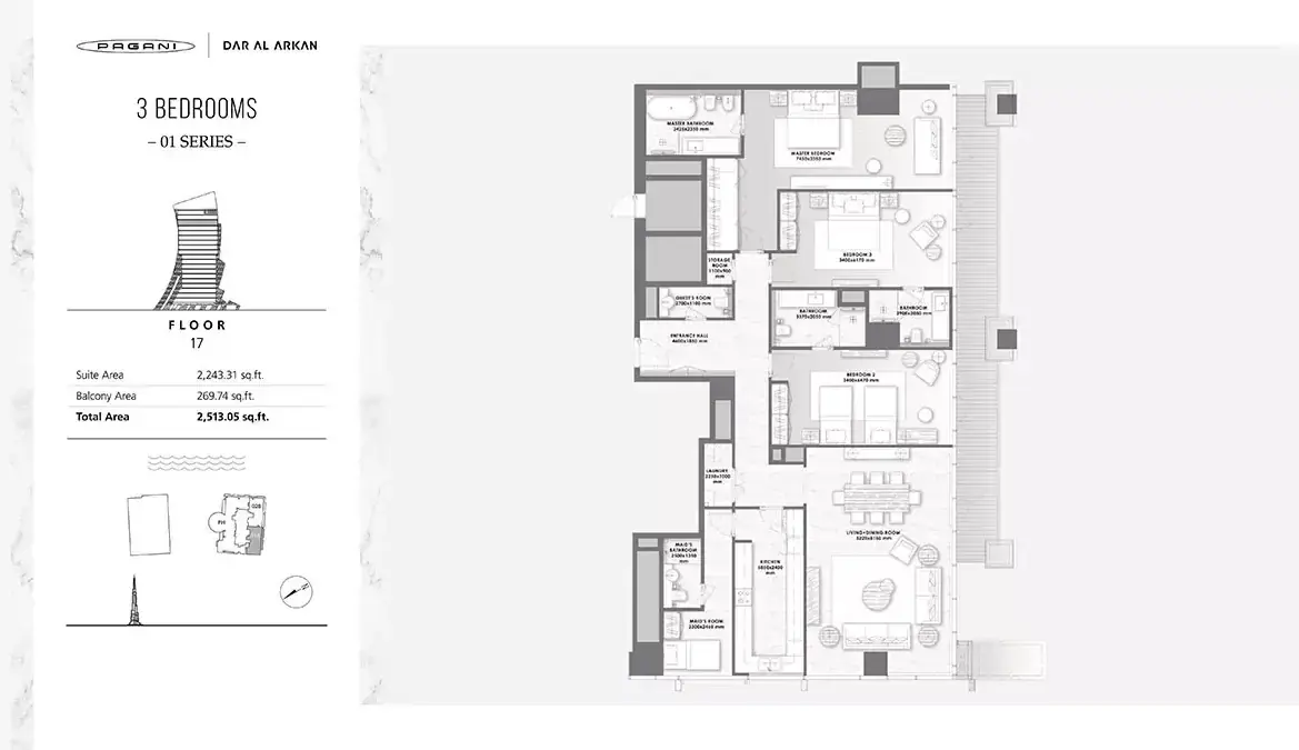 Планировка — 3-спальная, 233 м²
