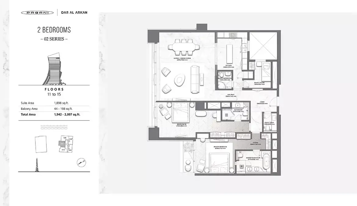 Планировка — 2-спальная, 195 м²