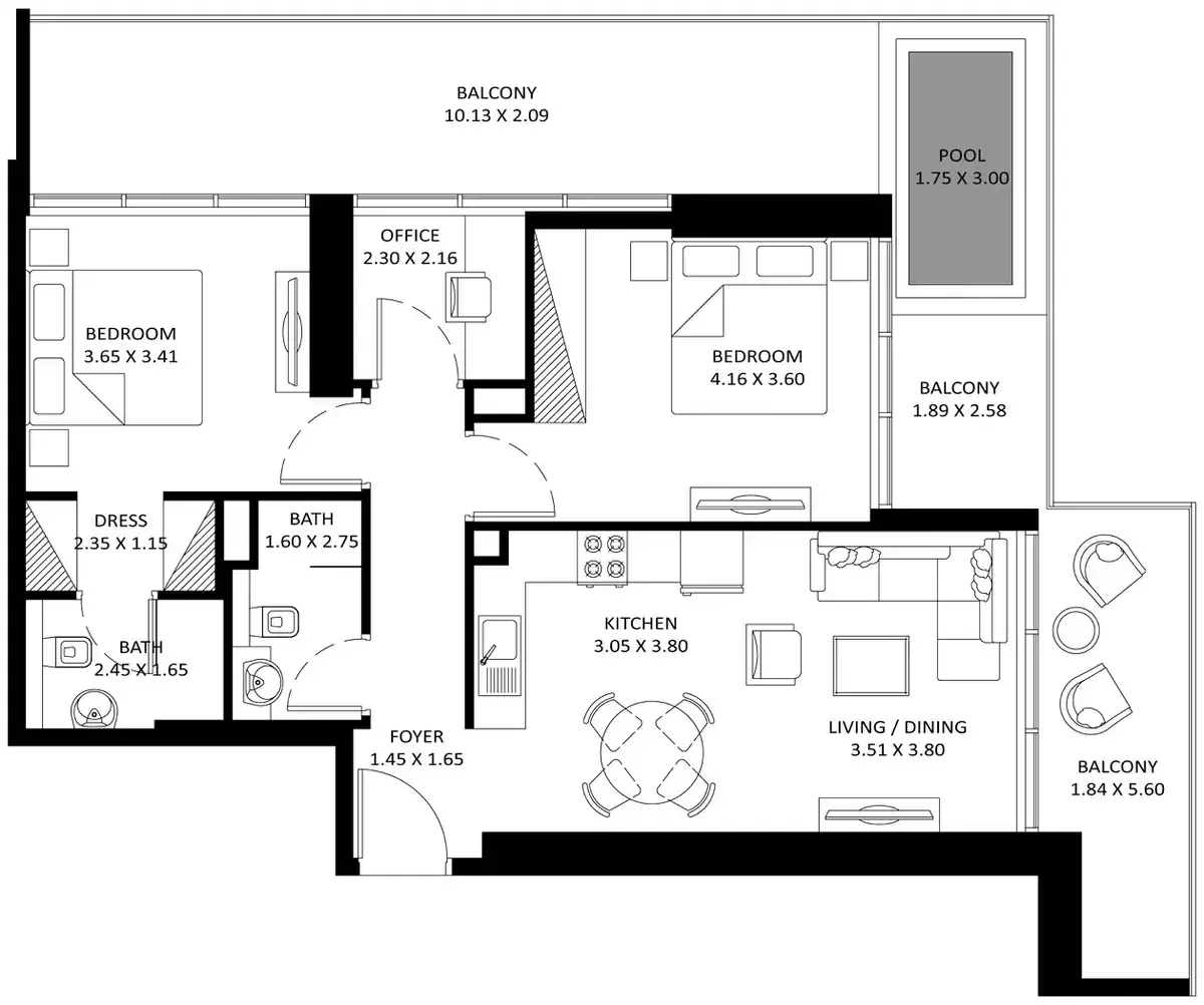 Планировка — 2-спальная, 120 м²