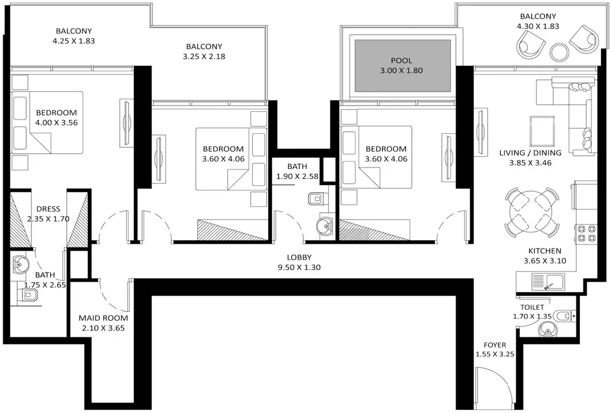 Планировка — 3-спальная, 141 м²