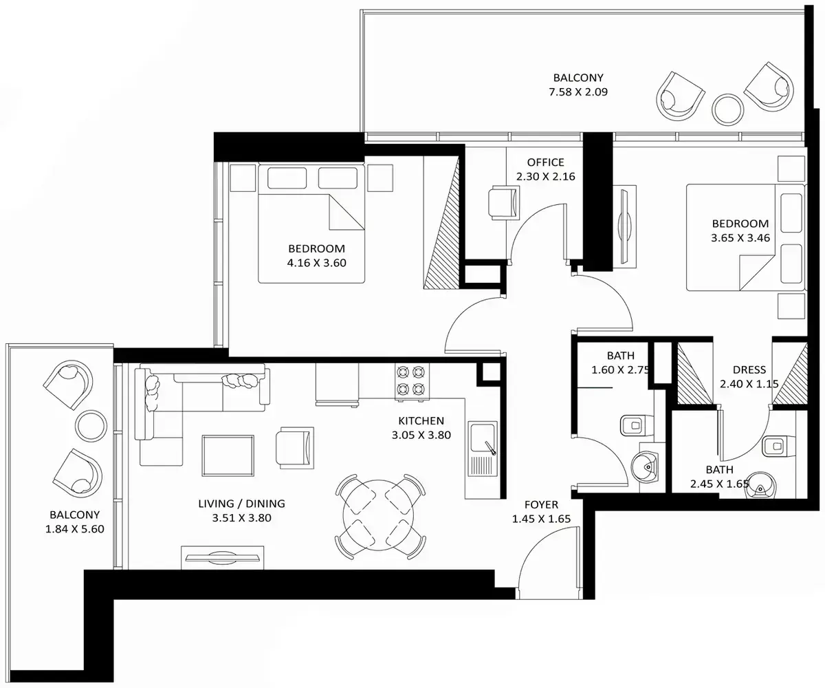 Планировка — 2-спальная, 119 м²