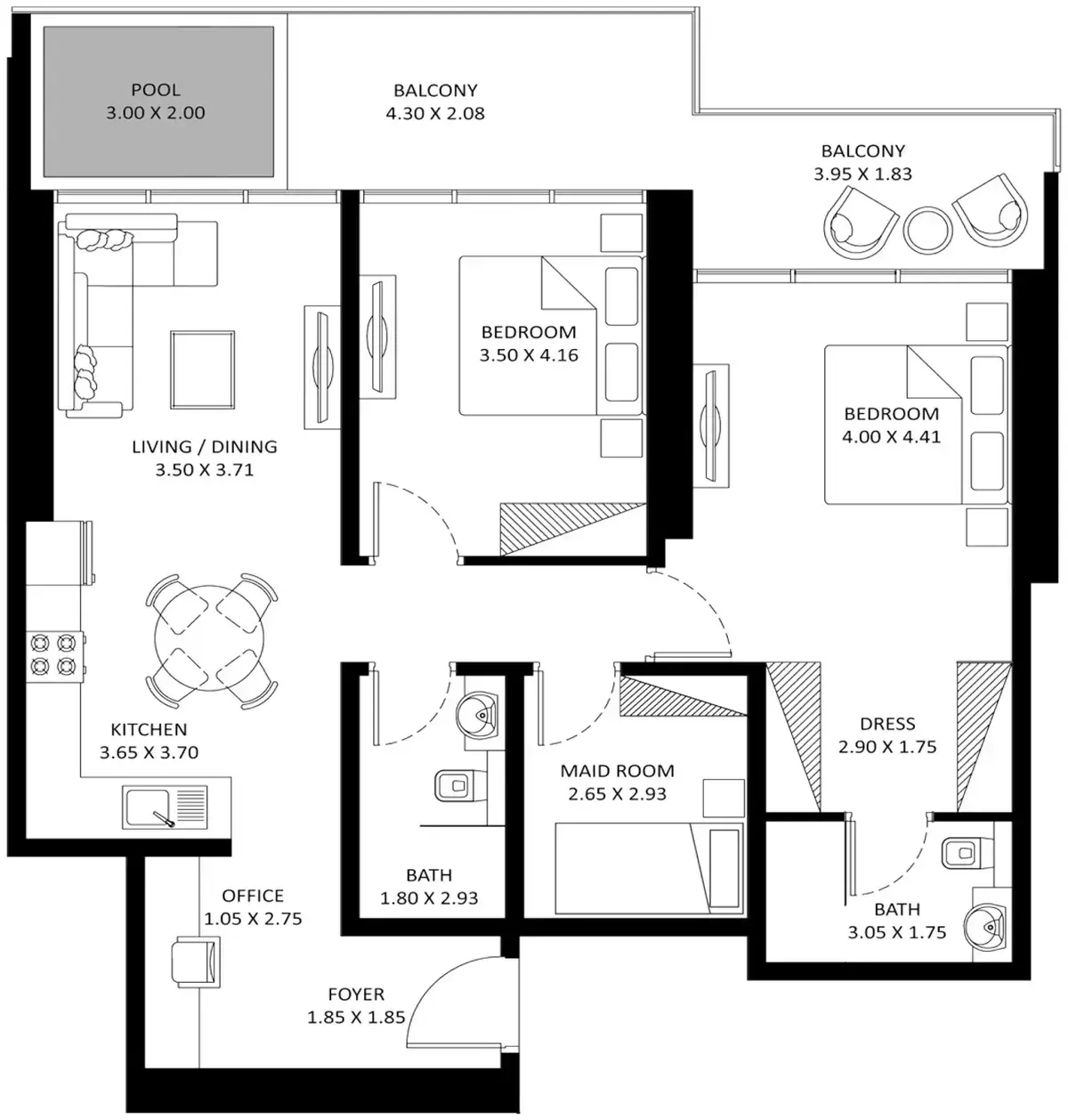 Планировка — 2-спальная, 119 м²