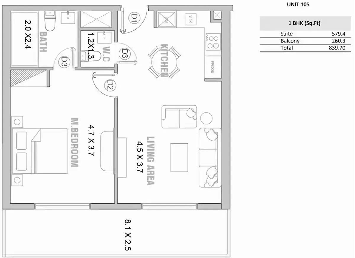 Планировка — 1-спальная, 78 м²