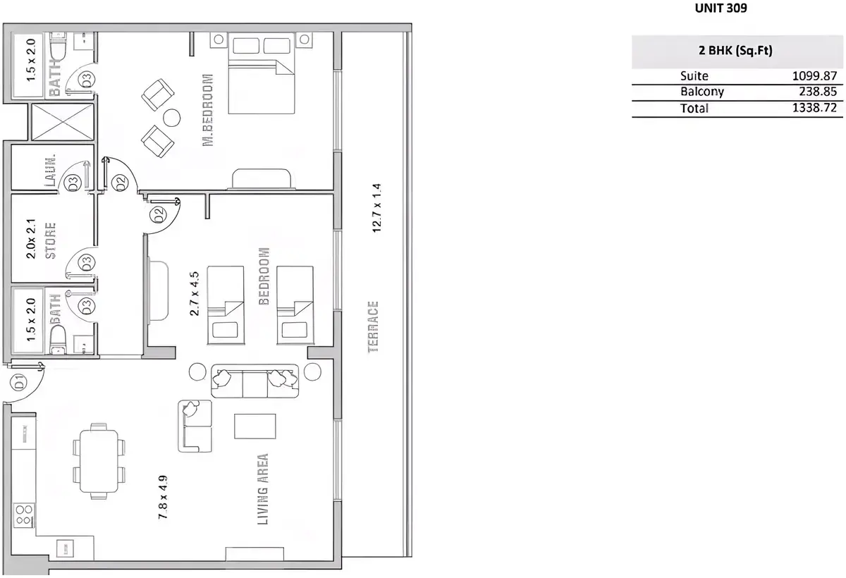 Планировка — 2-спальная, 124 м²
