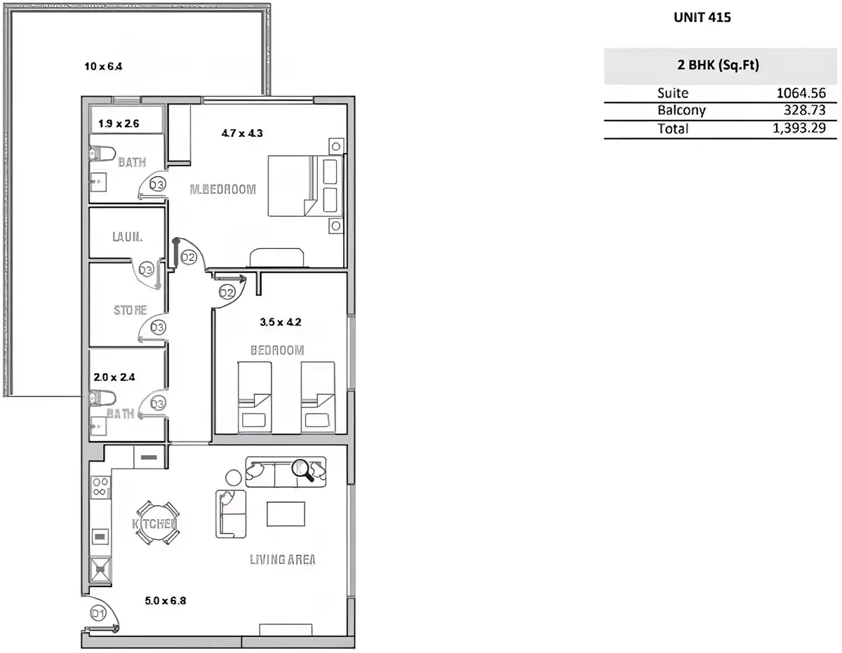 Планировка — 2-спальная, 129 м²