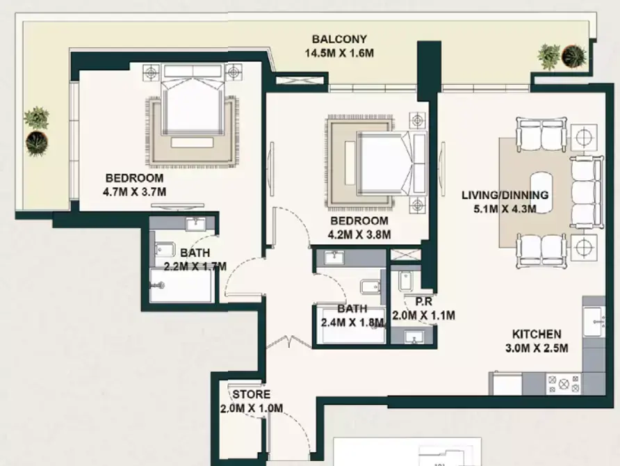 Планировка — 2-спальная, 127 м²