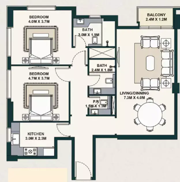 Планировка — 2-спальная, 106 м²