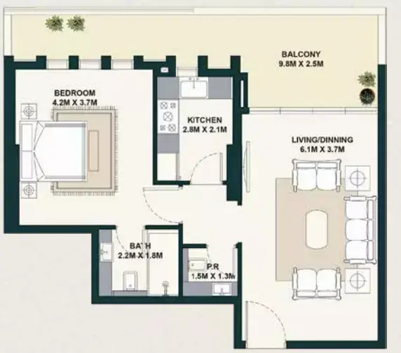 Планировка — 1-спальная, 78 м²