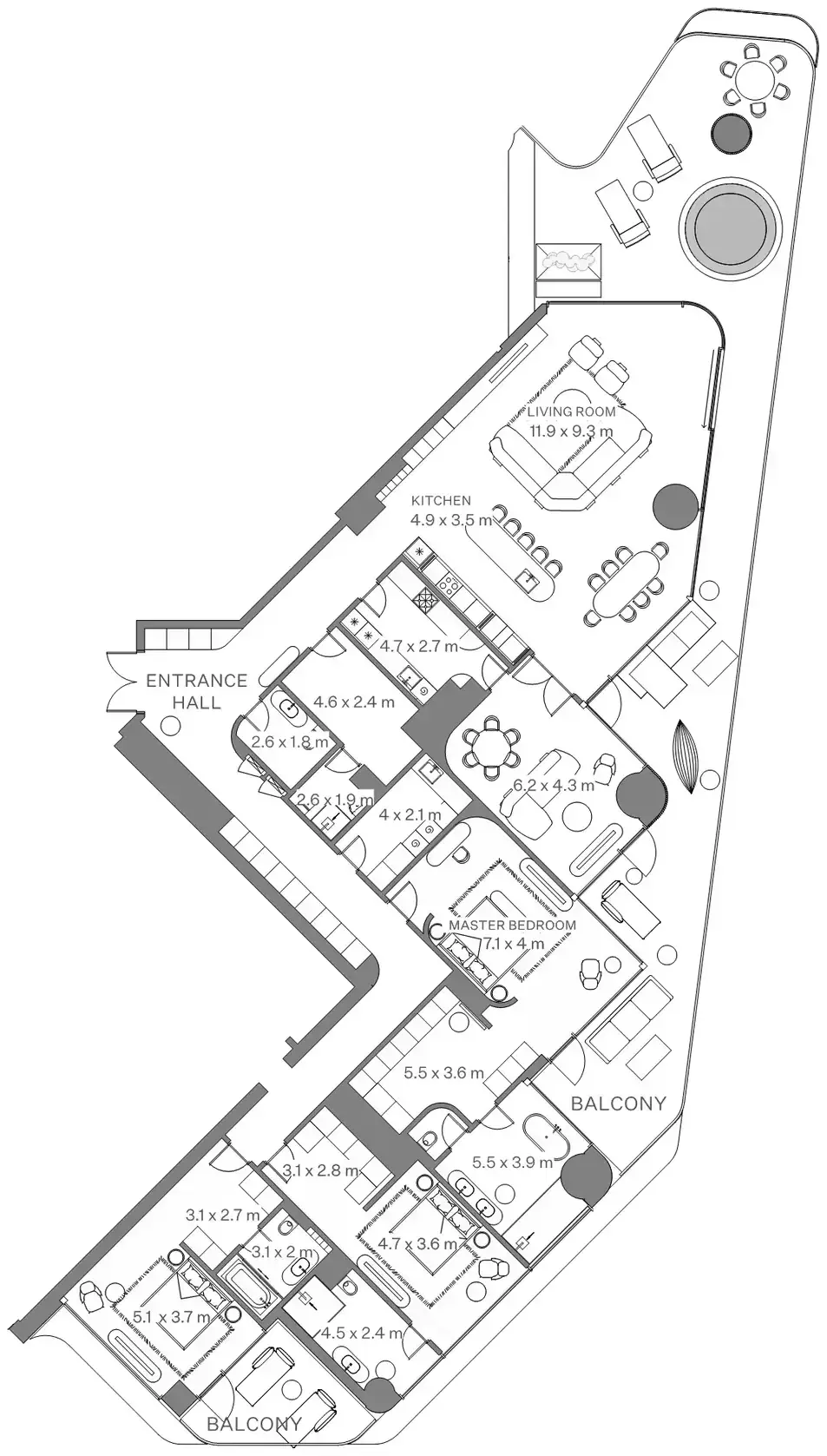 Планировка — 3-спальная, 493 м²