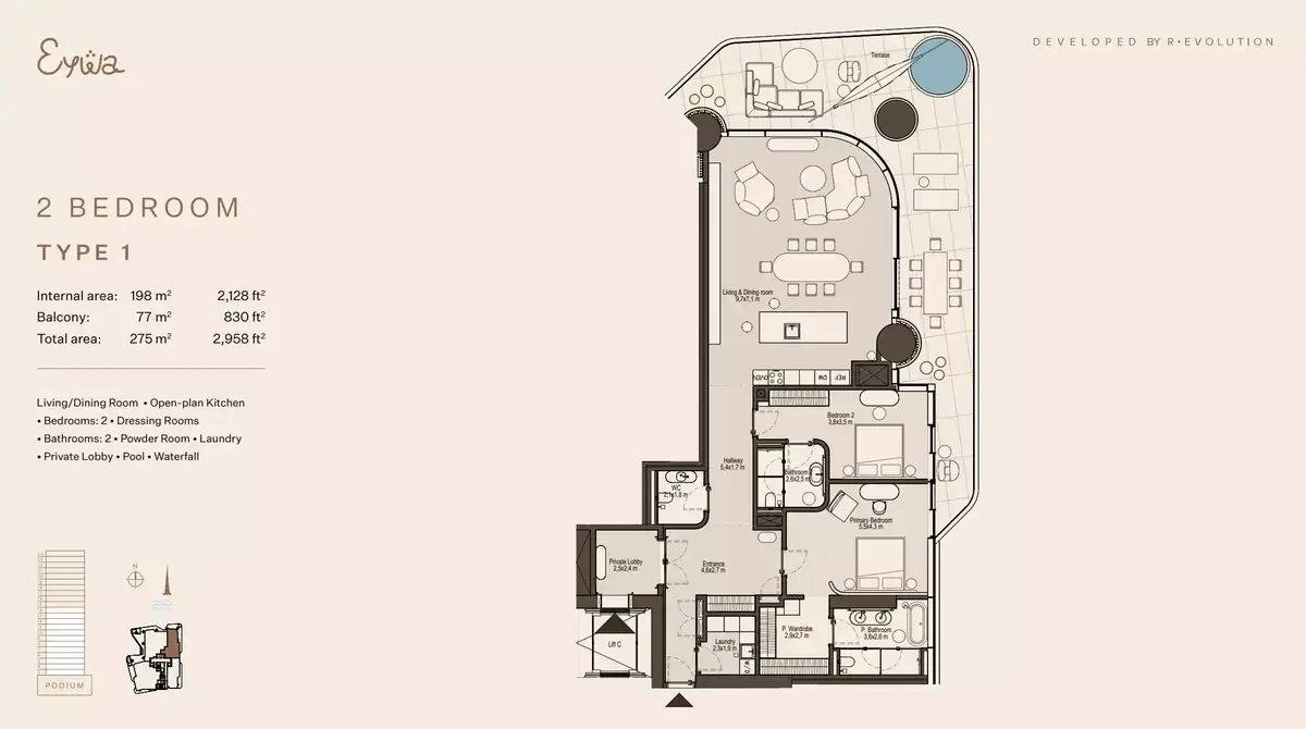 Планировка — 2-спальная, 275 м²