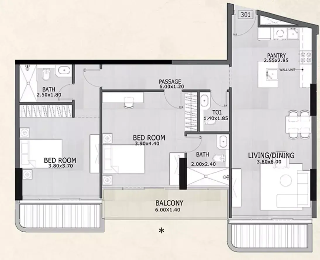 Планировка — 2-спальная, 107 м²