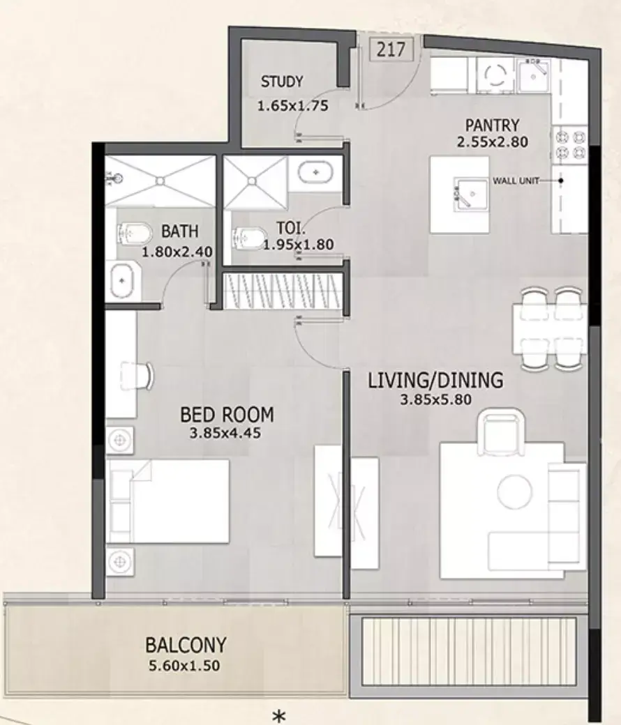 Планировка — 1-спальная, 77 м²