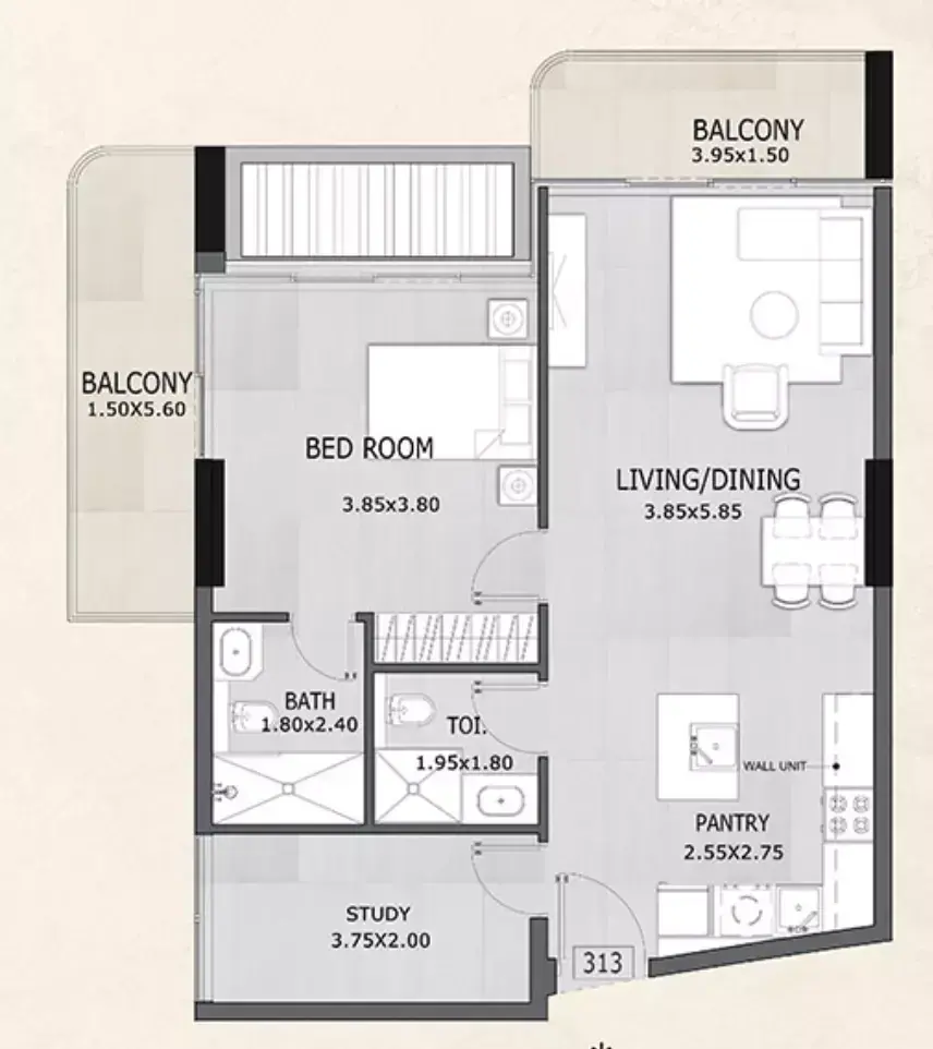 Планировка — 1-спальная, 85 м²