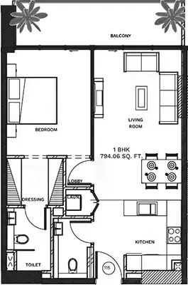 Планировка — 1-спальная, 74 м²