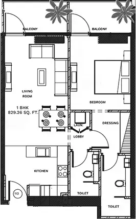 Планировка — 1-спальная, 77 м²