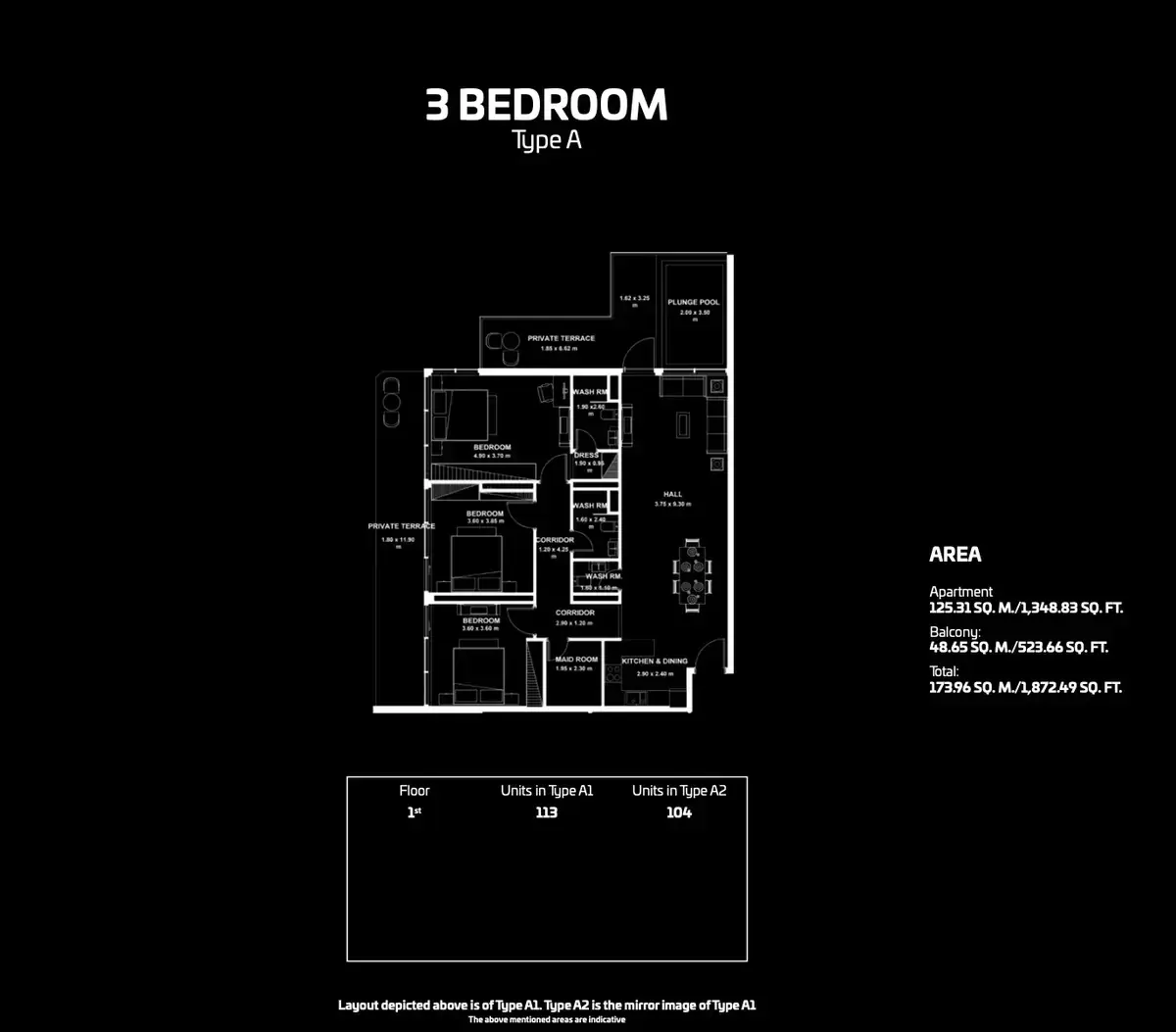 Планировка — 3-спальная, 174 м²