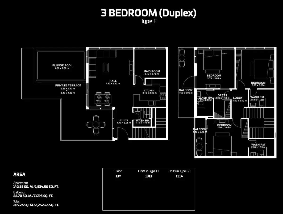 Планировка — 3-спальная, 209 м²