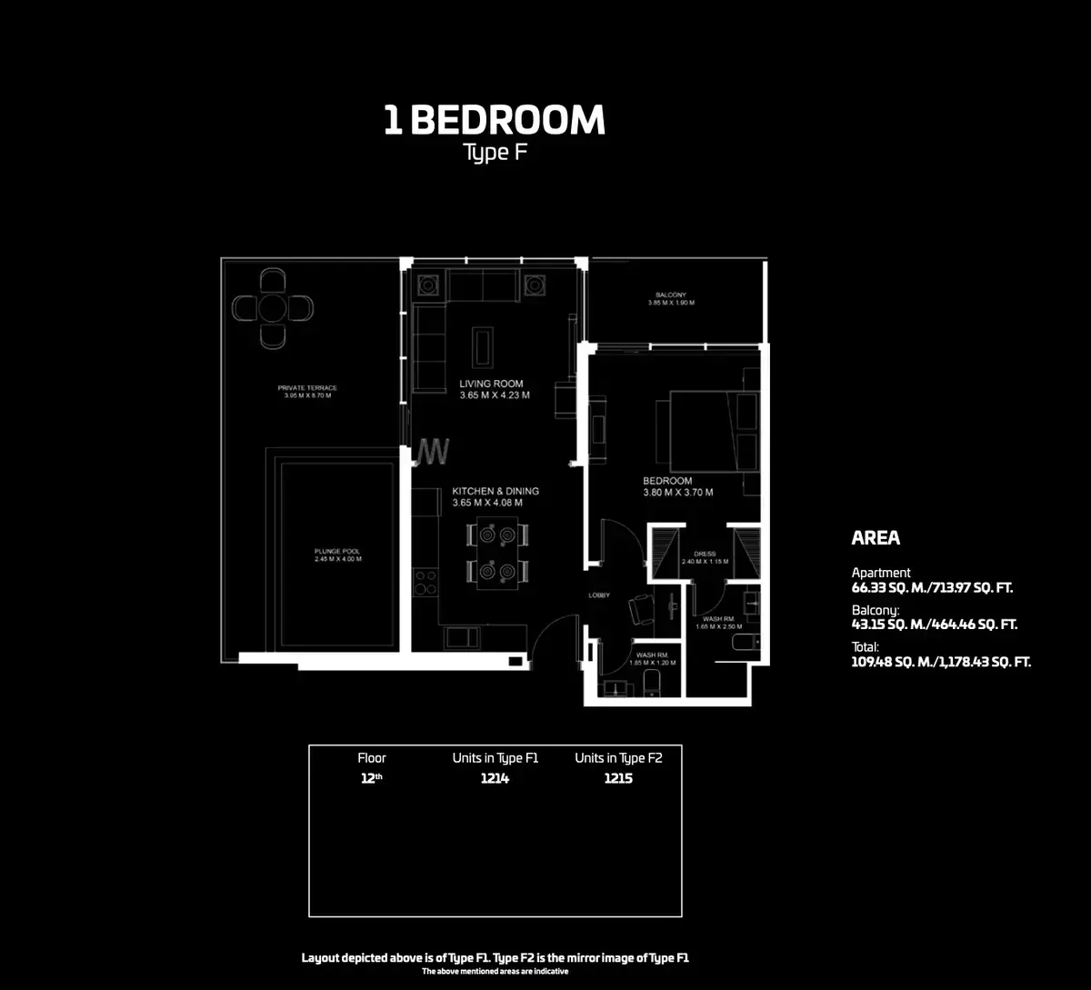 Планировка — 1-спальная, 109 м²
