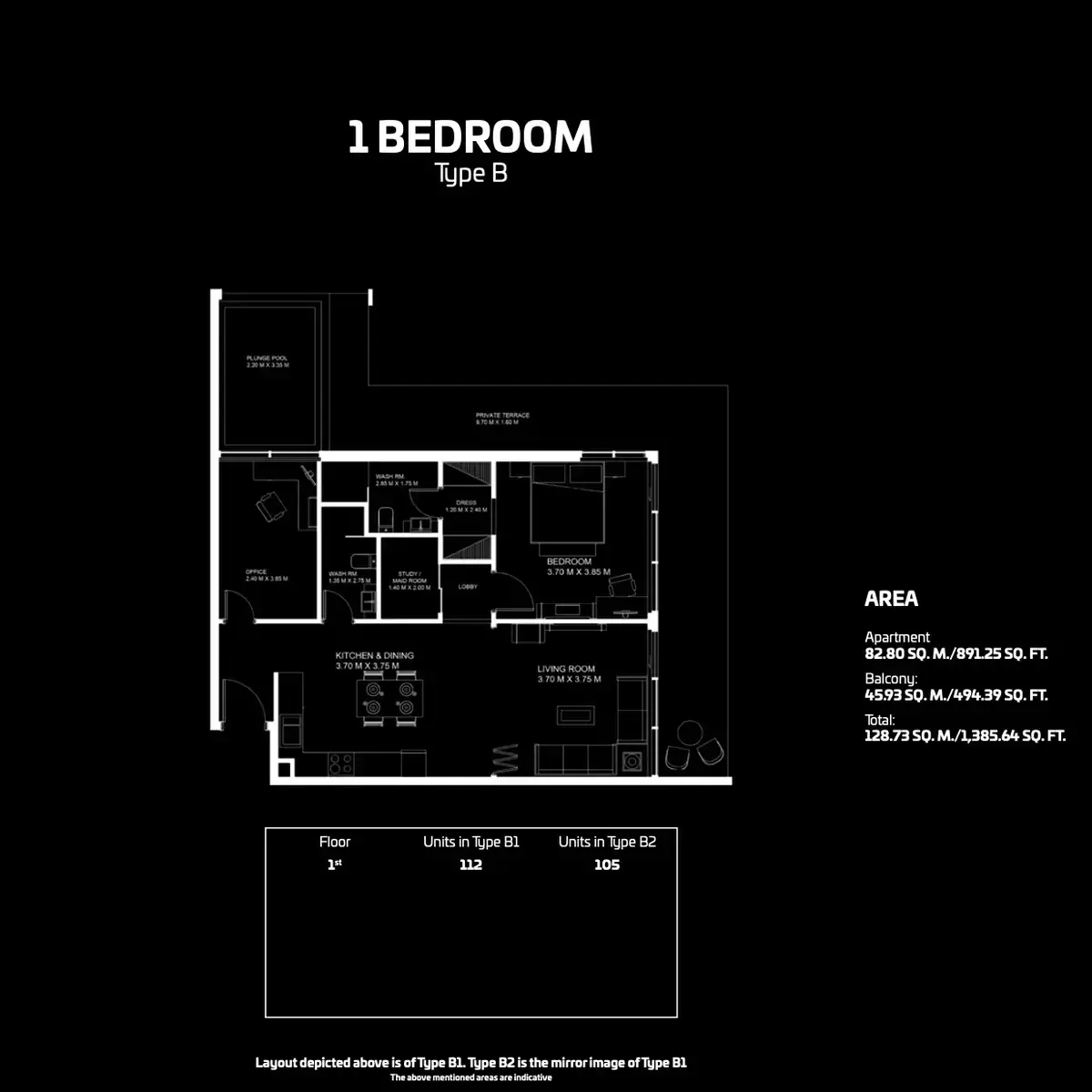 Планировка — 1-спальная, 129 м²