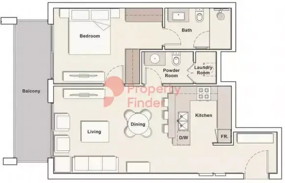 Планировка — 1-спальная, 58 м²