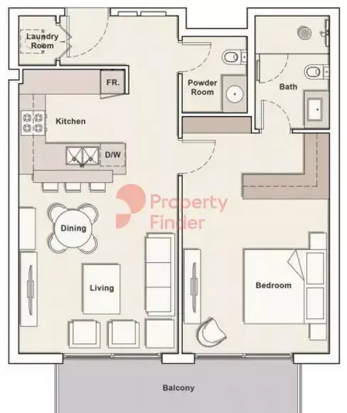 Планировка — 1-спальная, 74 м²
