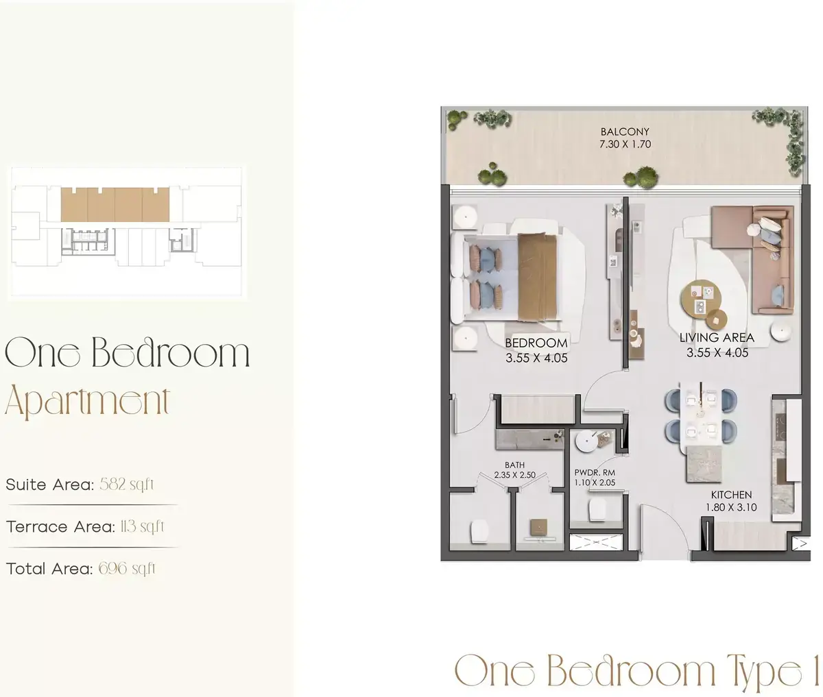 Планировка — 1-спальная, 65 м²