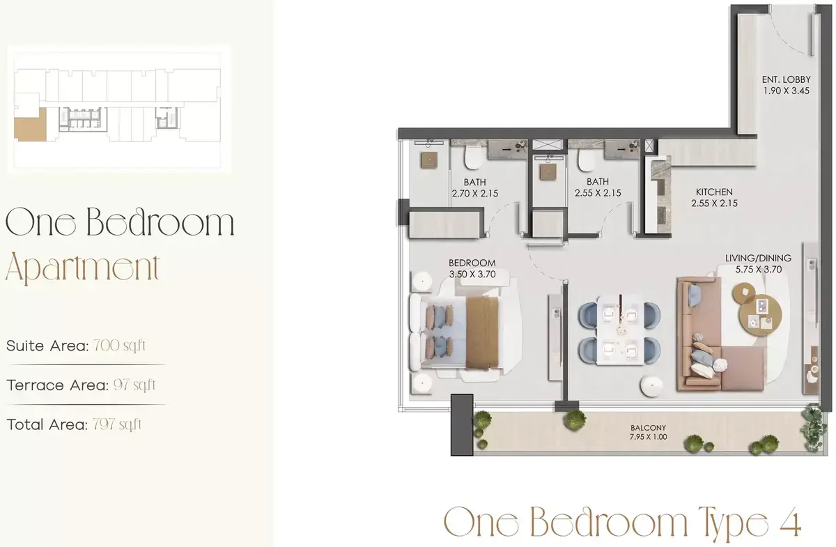 Планировка — 1-спальная, 74 м²