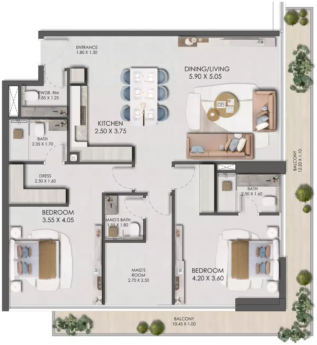 Планировка — 2-спальная, 144 м²