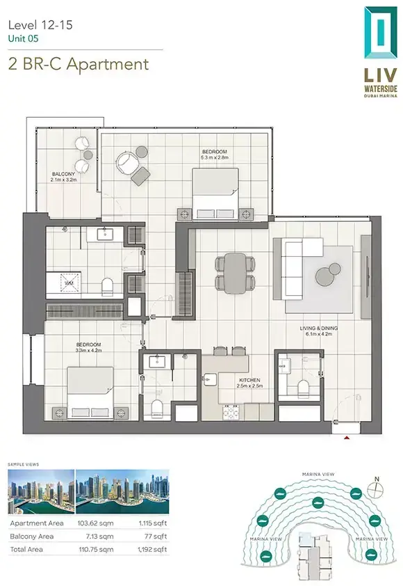 Планировка — 2-спальная, 111 м²