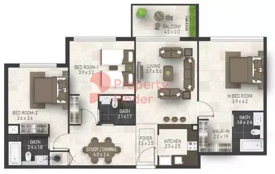 Планировка — 3-спальная, 118 м²