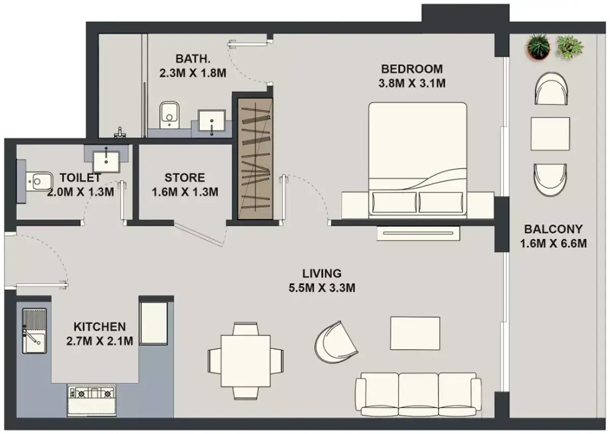 Планировка — 1-спальная, 67 м²