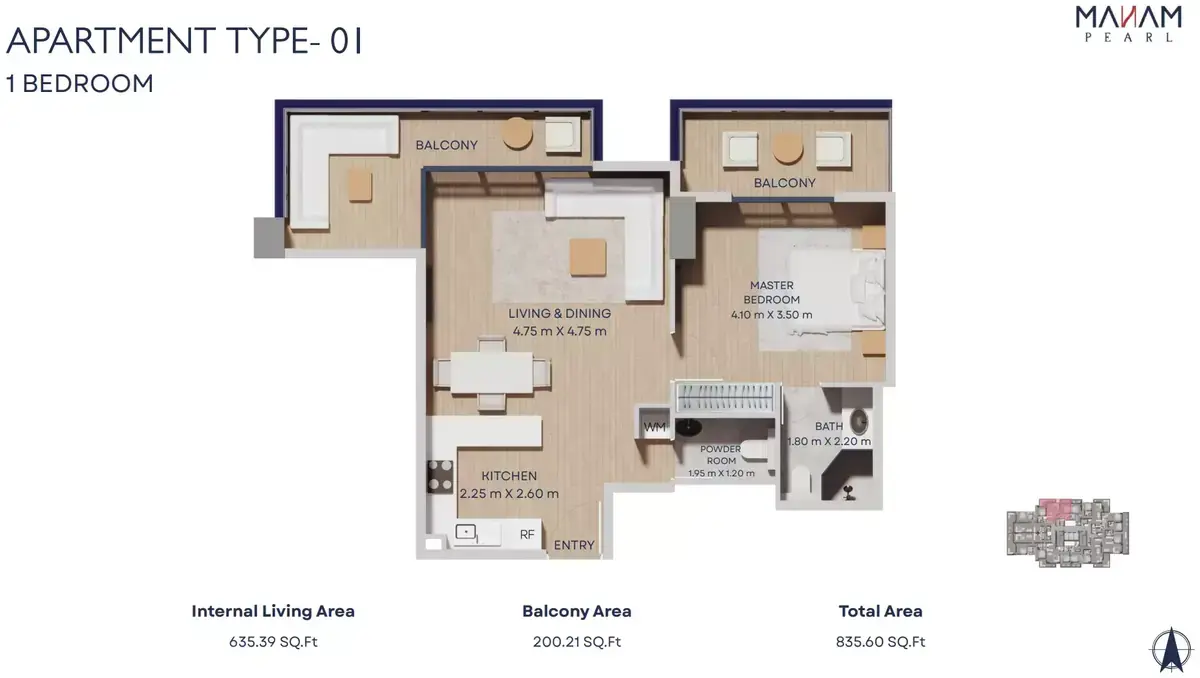 Планировка — 1-спальная, 78 м²