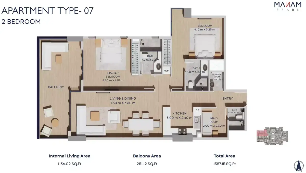 Планировка — 2-спальная, 129 м²