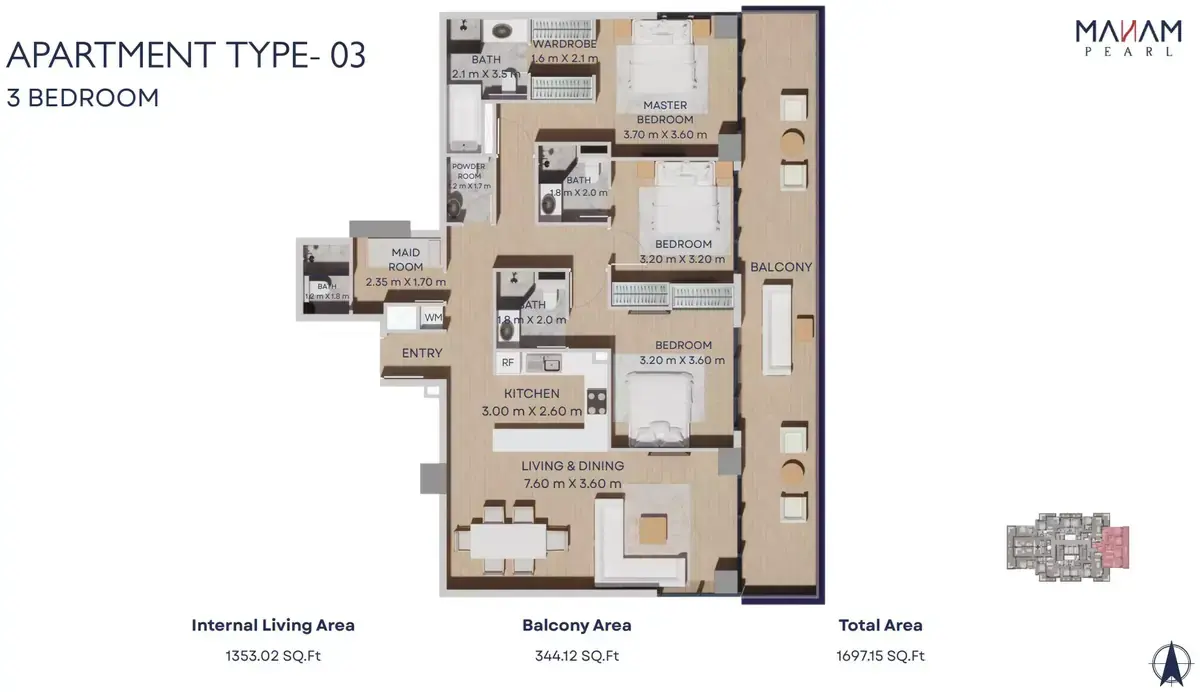 Планировка — 3-спальная, 158 м²