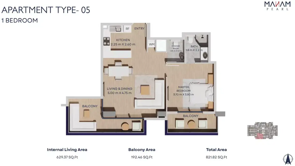 Планировка — 1-спальная, 76 м²