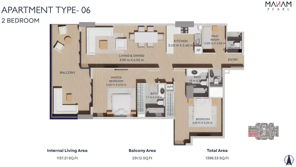 Планировка — 2-спальная, 129 м²
