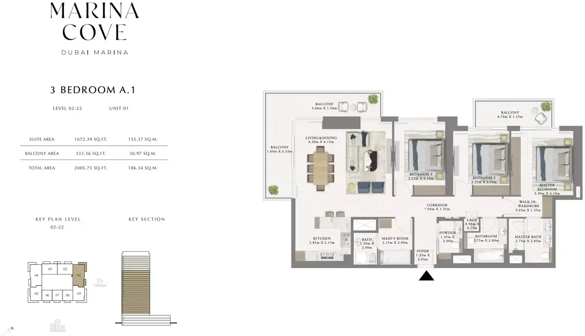 Планировка — 3-спальная, 186 м²