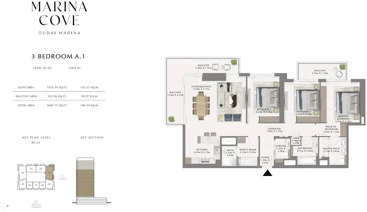 Планировка — 3-спальная, 186 м²
