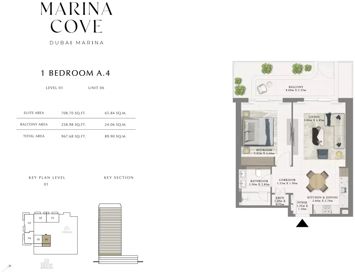 Планировка — 1-спальная, 90 м²
