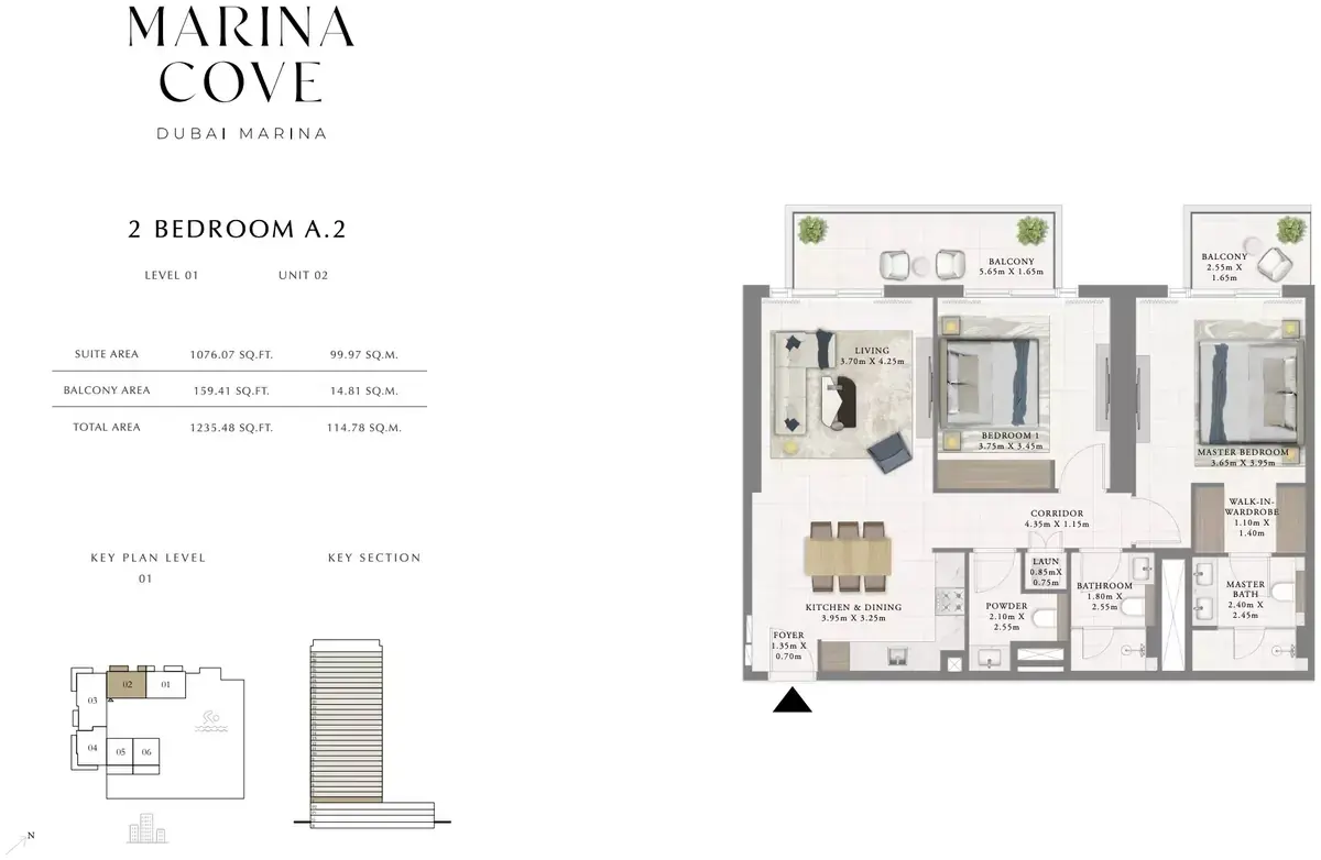 Планировка — 2-спальная, 115 м²