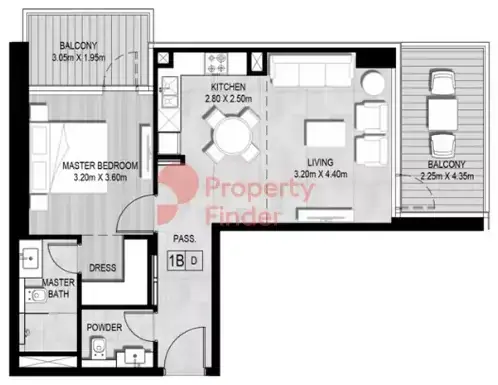 Планировка — 1-спальная, 75 м²