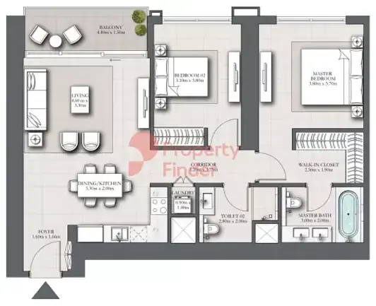 Планировка — 2-спальная, 107 м²