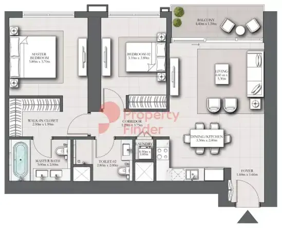 Планировка — 2-спальная, 107 м²