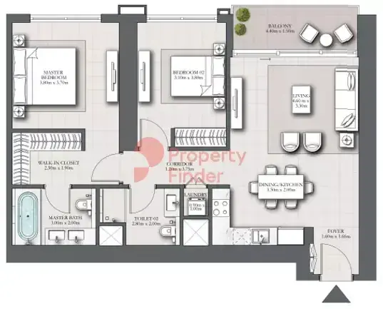 Планировка — 2-спальная, 107 м²
