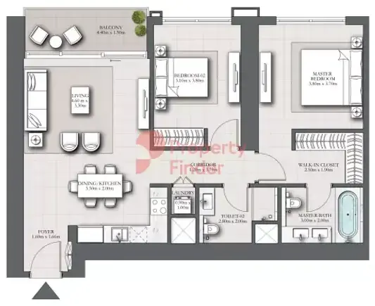 Планировка — 2-спальная, 107 м²