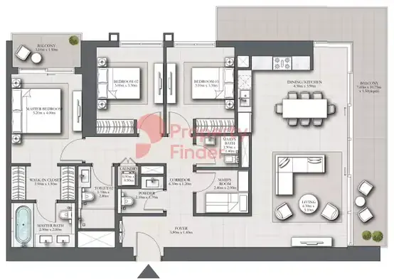 Планировка — 3-спальная, 172 м²