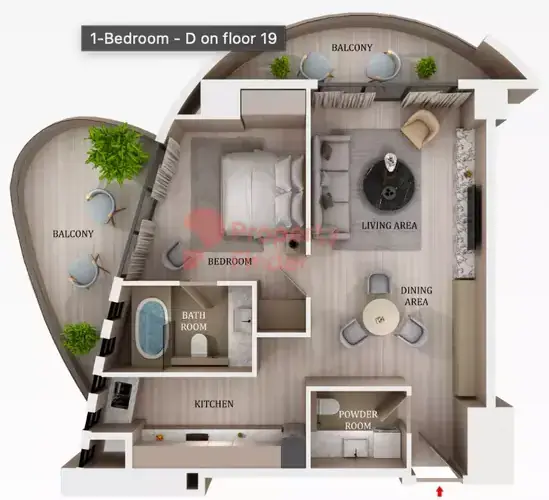 Планировка — 1-спальная, 88 м²