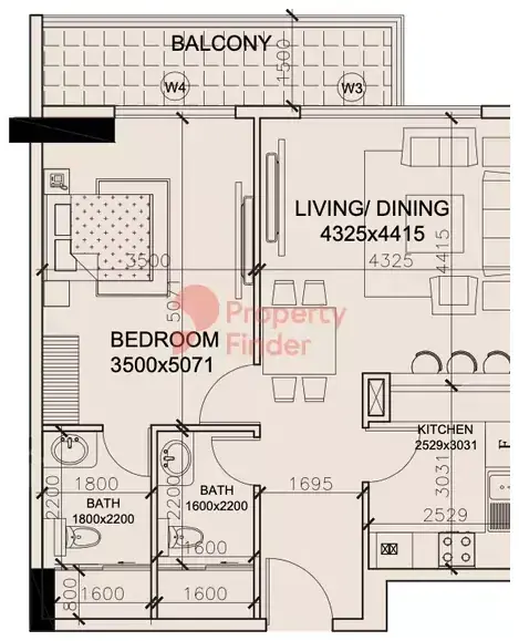Планировка — 1-спальная, 77 м²