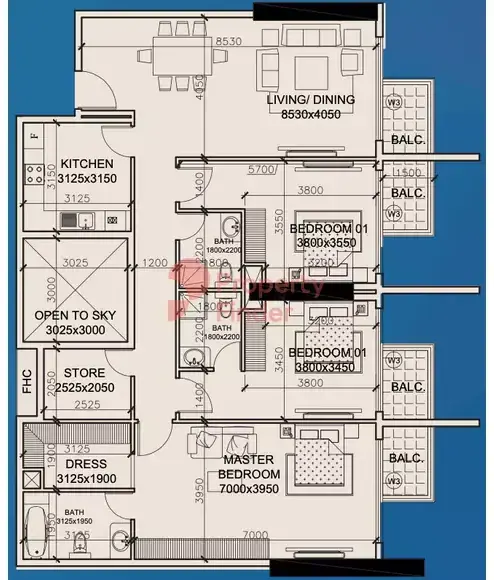 Планировка — 3-спальная, 165 м²